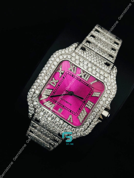 Pink Dial Iced Out Studded Roman Number Moissanite Watch