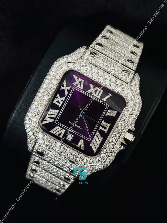 41MM Iced Out Purple Dial Moissanite Roman Number Watch