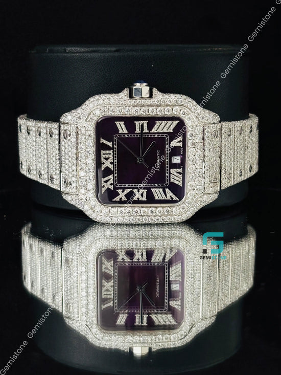 41MM Iced Out Purple Dial Moissanite Roman Number Watch