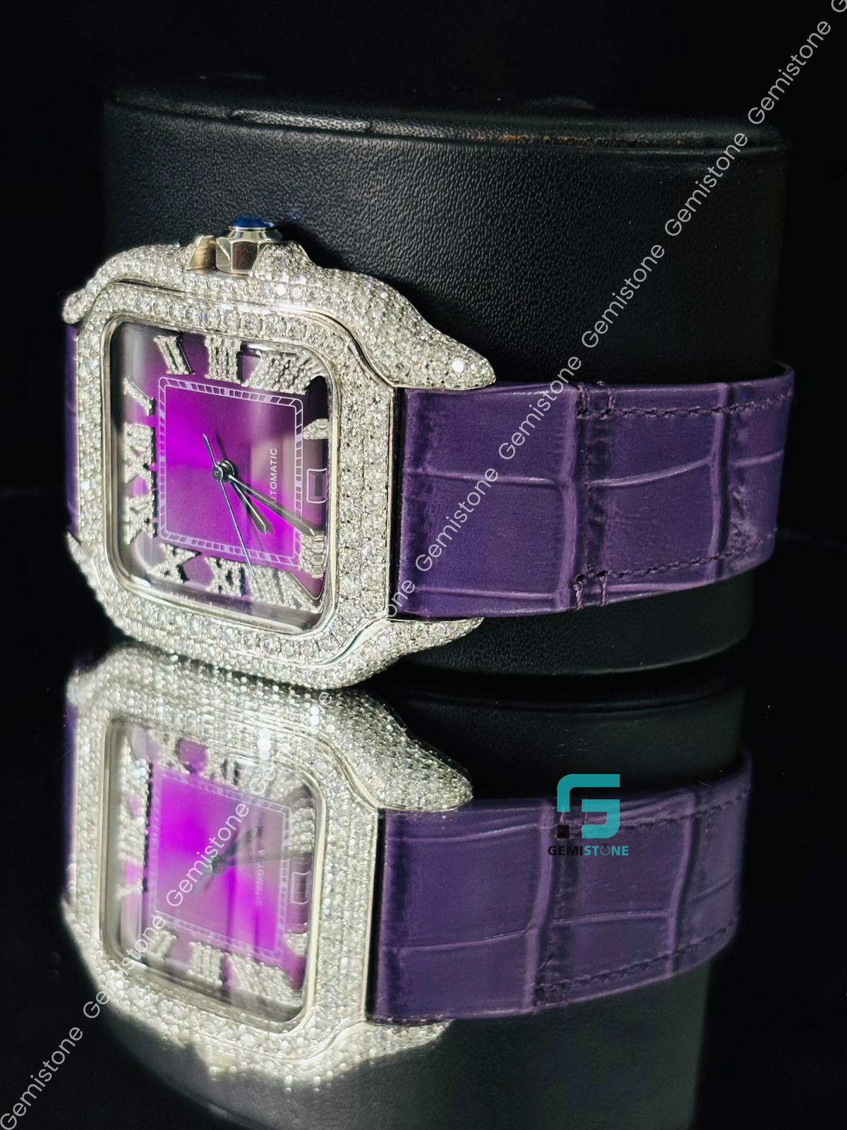 Studded Roman Number Purpal Lather Strap Moissanite Watch