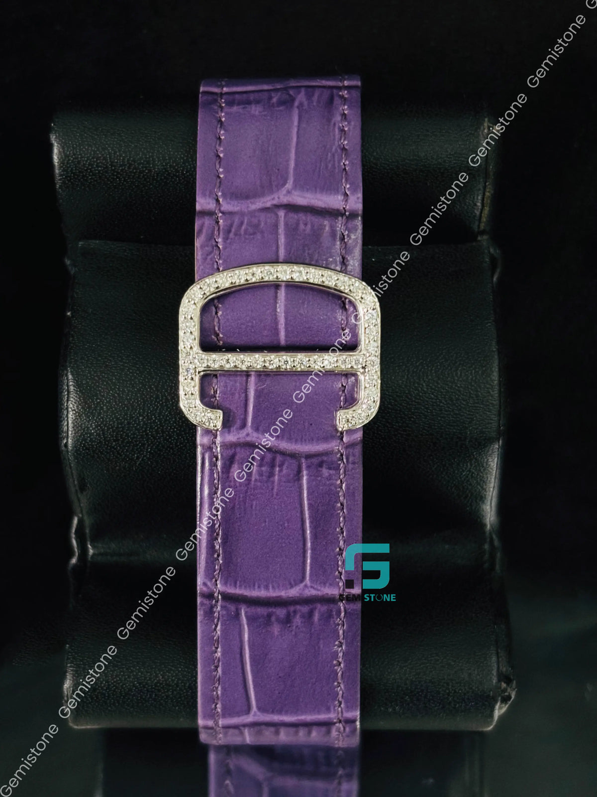 Studded Roman Number Purpal Lather Strap Moissanite Watch