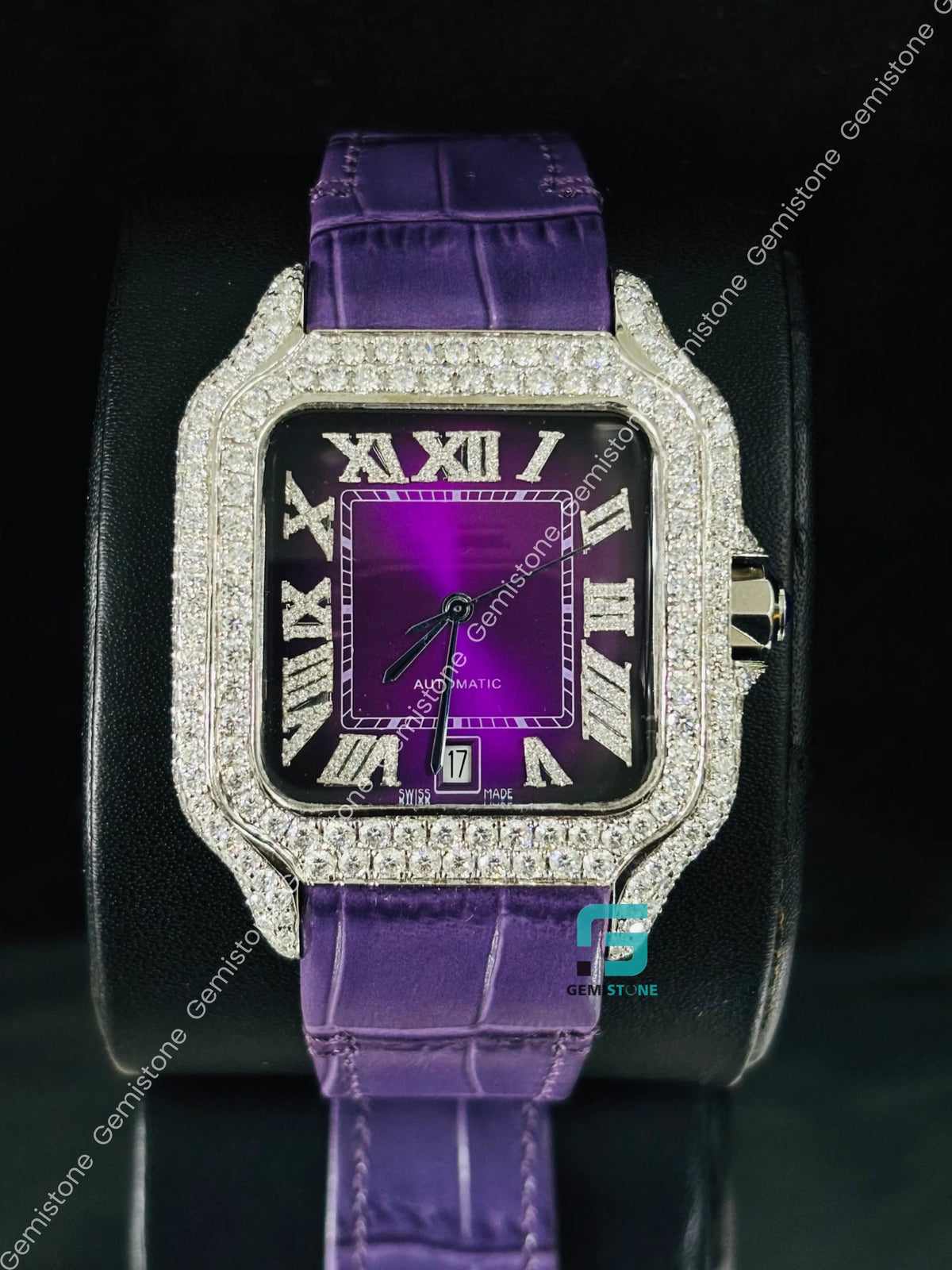 Studded Roman Number Purpal Lather Strap Moissanite Watch