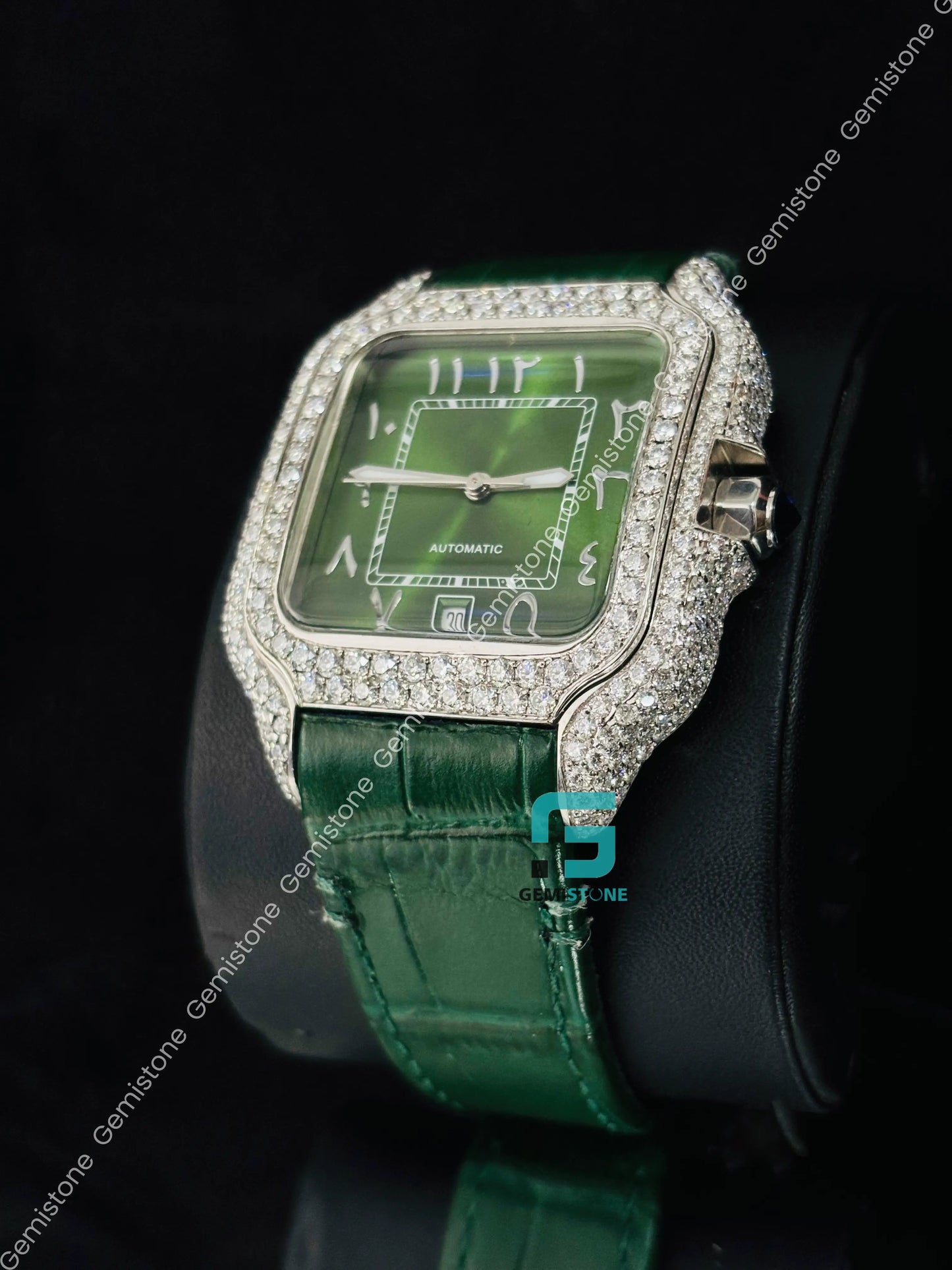 Cartier Arabic Number Moissanite Green Dial Watch