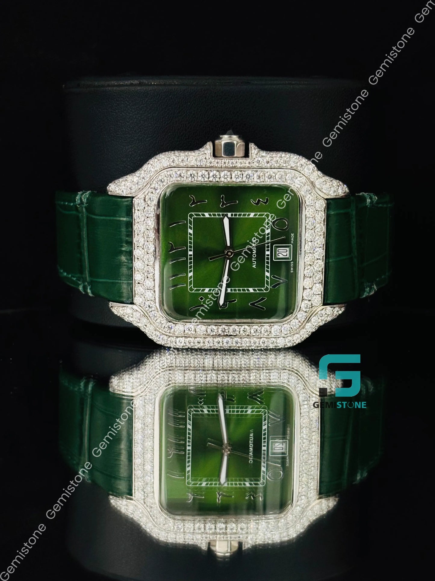 Cartier Arabic Number Moissanite Green Dial Watch For Men