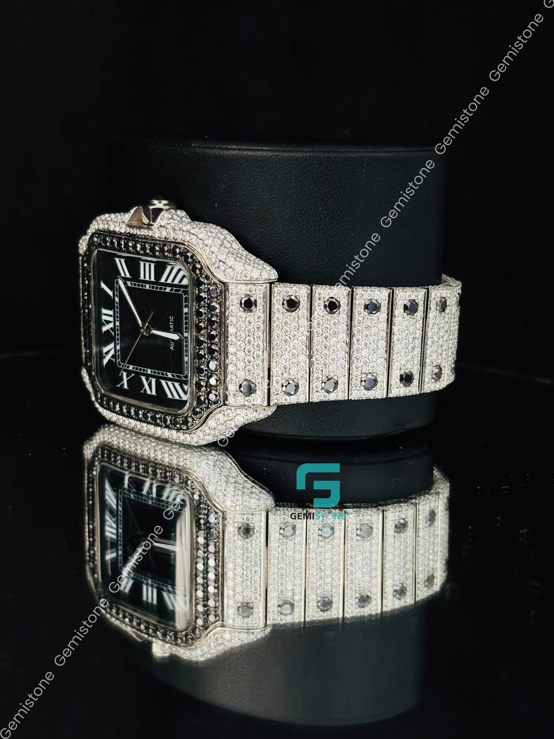 Cartier Black Dial And Diamond Moissanite Studded Watch For Men