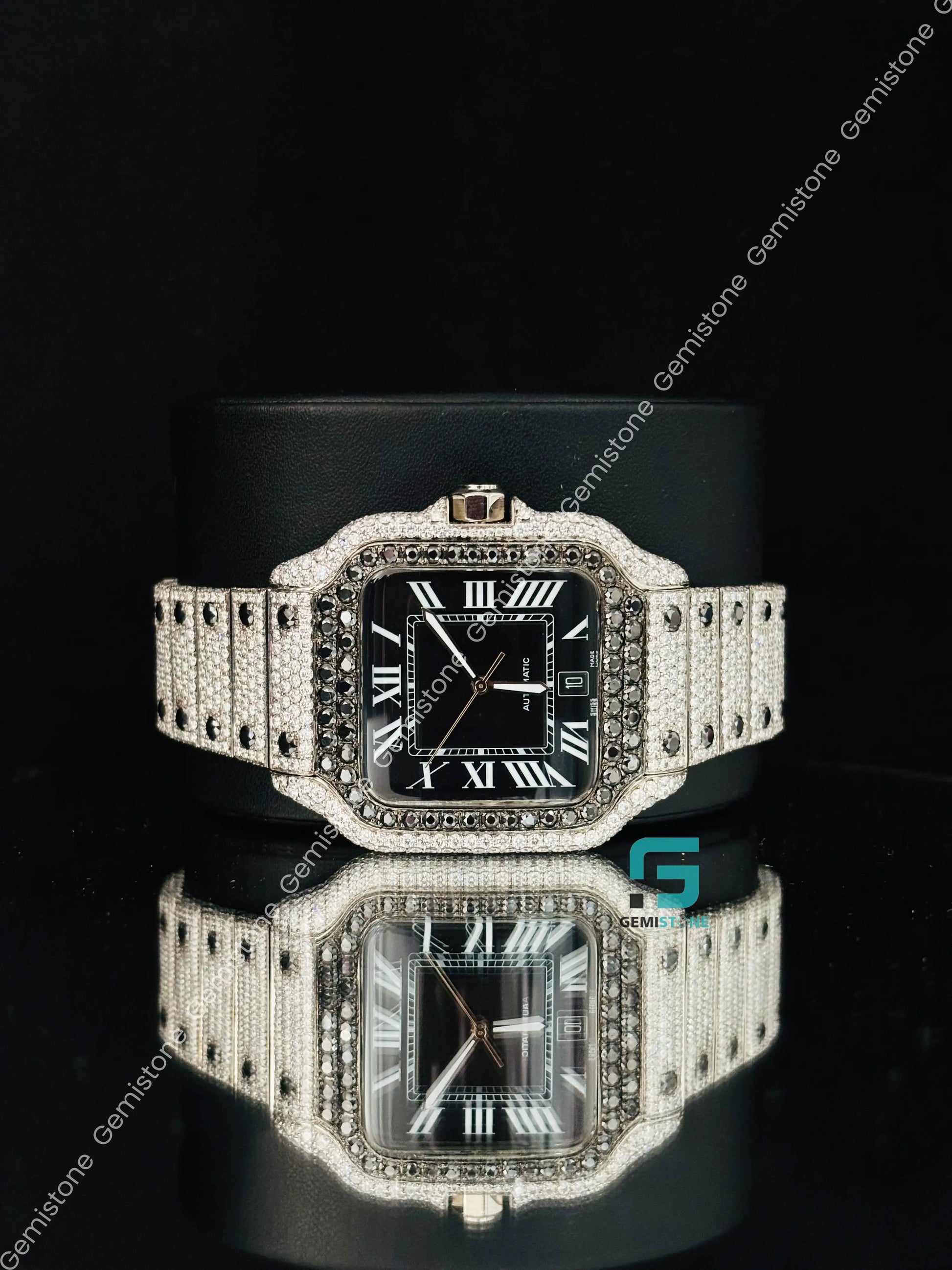 Cartier Black Dial Moissanite Studded Watch