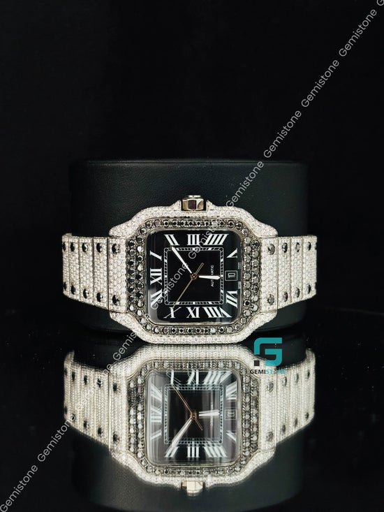 Cartier Black Dial Moissanite Studded Watch