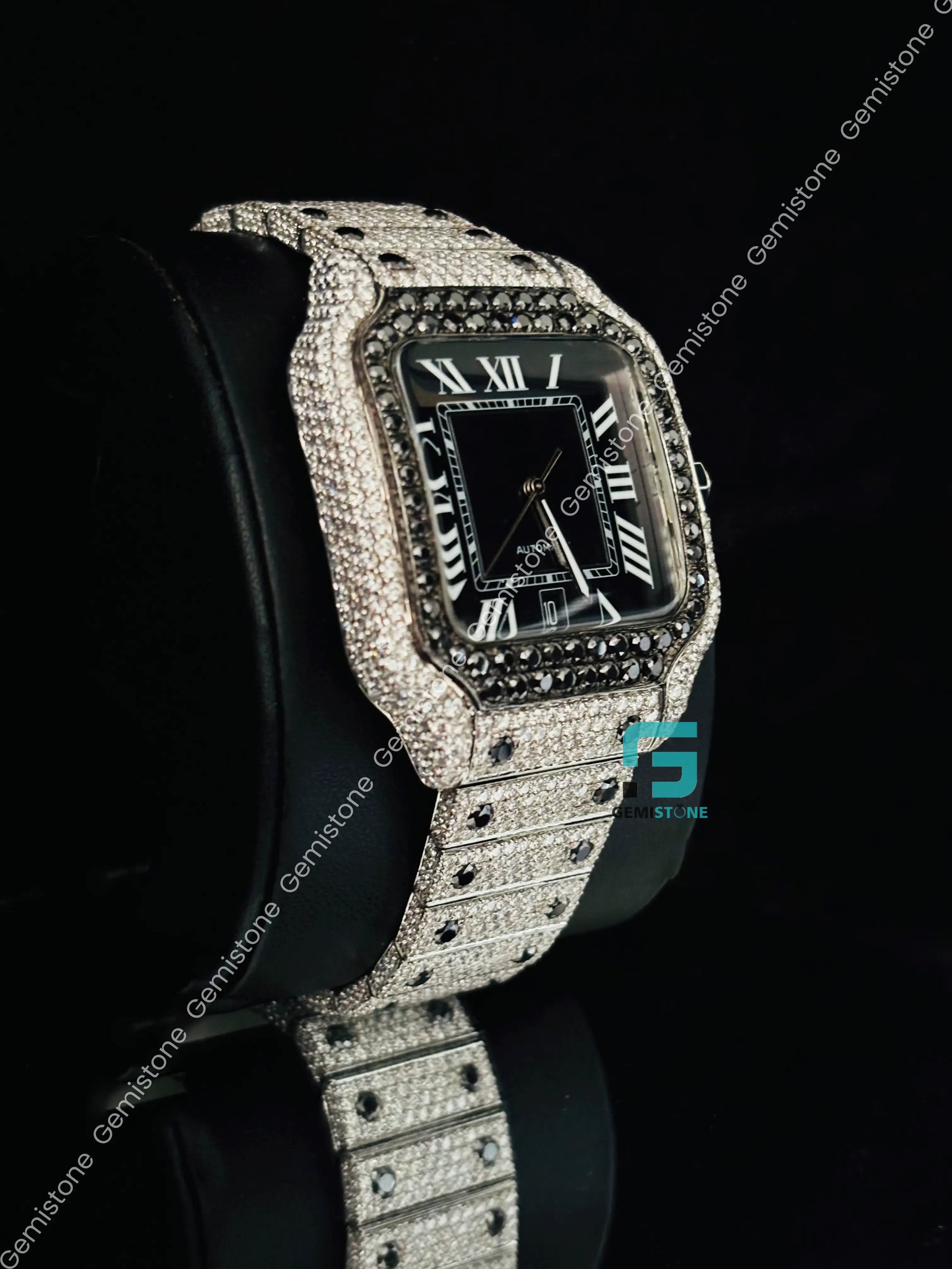 Cartier Black Dial Moissanite Studded Watch For Men