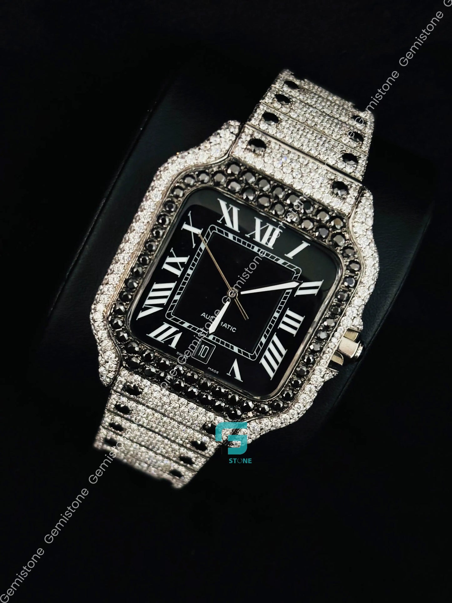 Cartier Black Dial Roman Number Moissanite Watch For Men