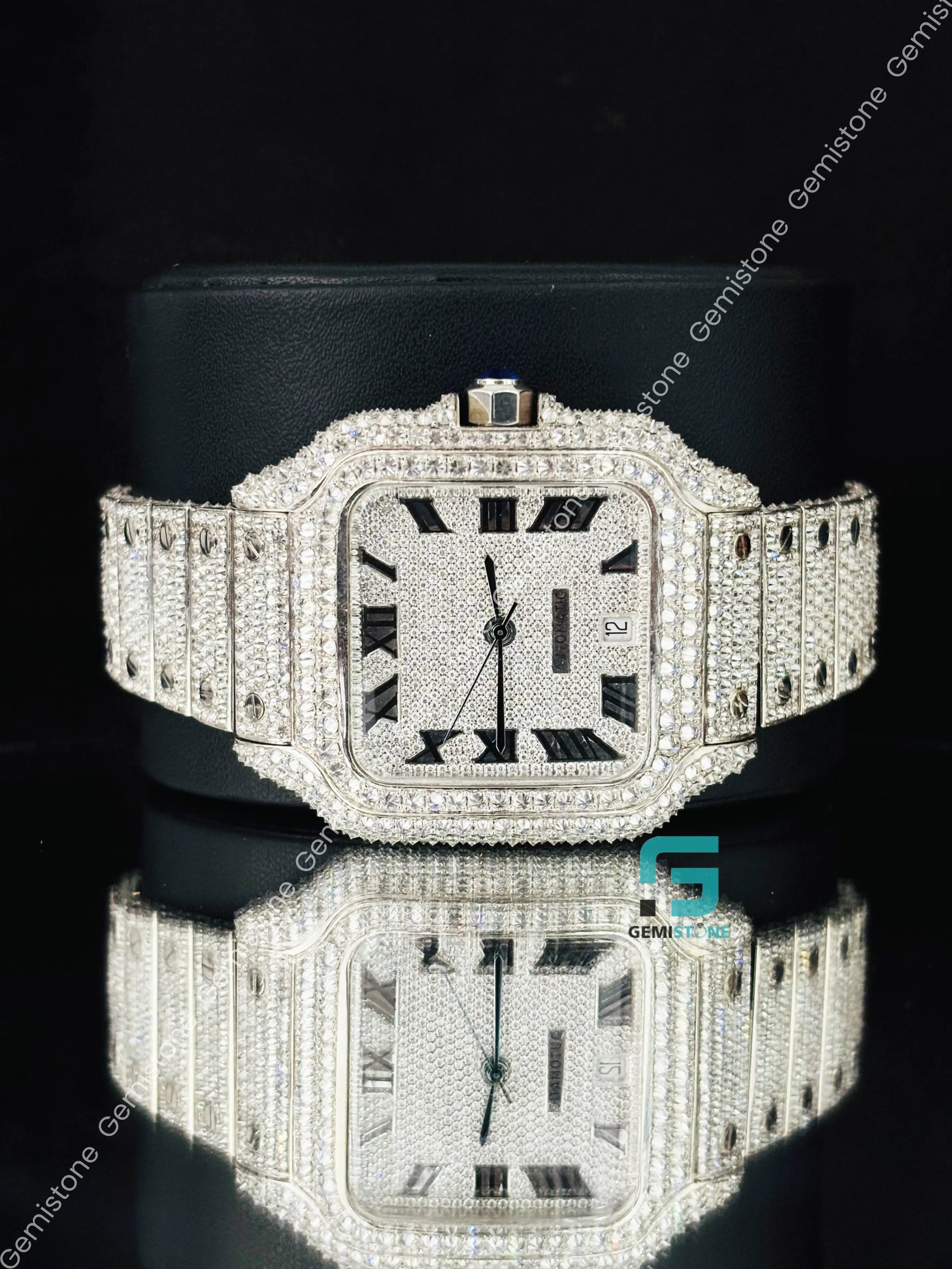 Cartier Black Roman Number Moissanite Hip Hop Studded Watch For Men