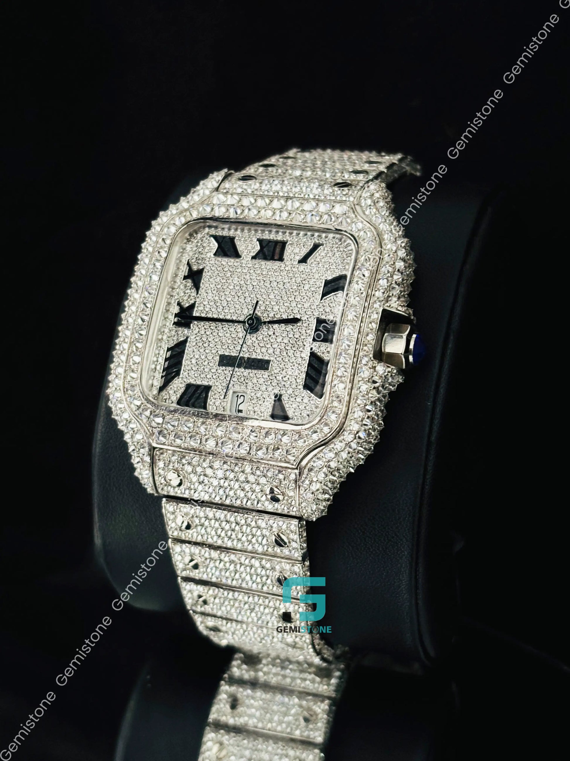 Cartier Black Roman Number Moissanite Iced Out Studded Watch