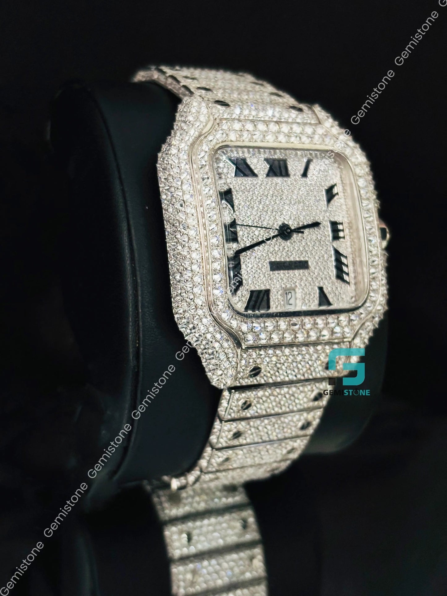 Cartier Black Roman Number Moissanite Iced Out Studded Watch For Men