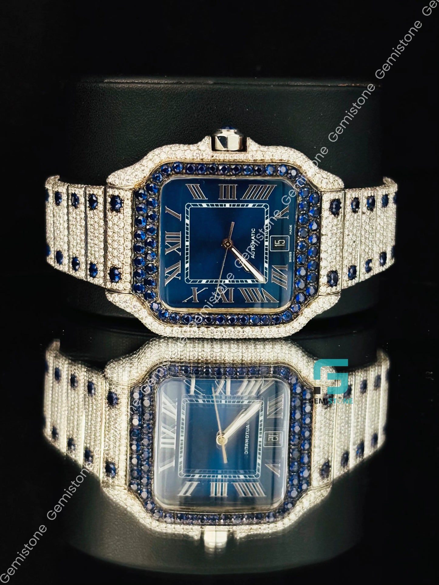 Cartier Blue Dial Moissanite Blue Diamond Iced Out Watch