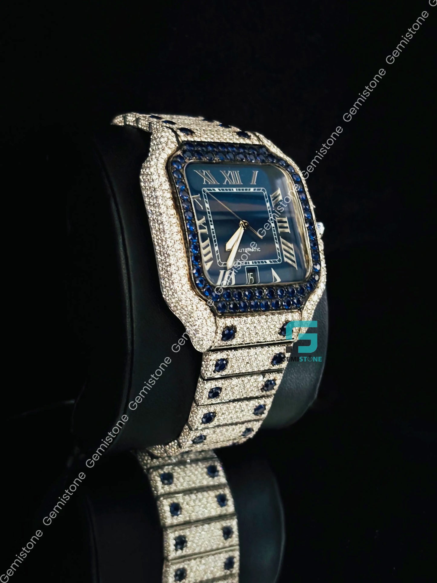 Cartier Blue Dial Moissanite Blue Diamond Iced Out Watch For Men