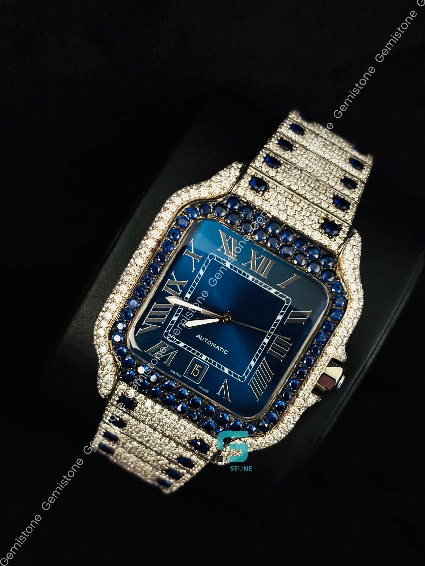 Cartier Blue Dial Moissanite Blue Diamond Roman Number Watch