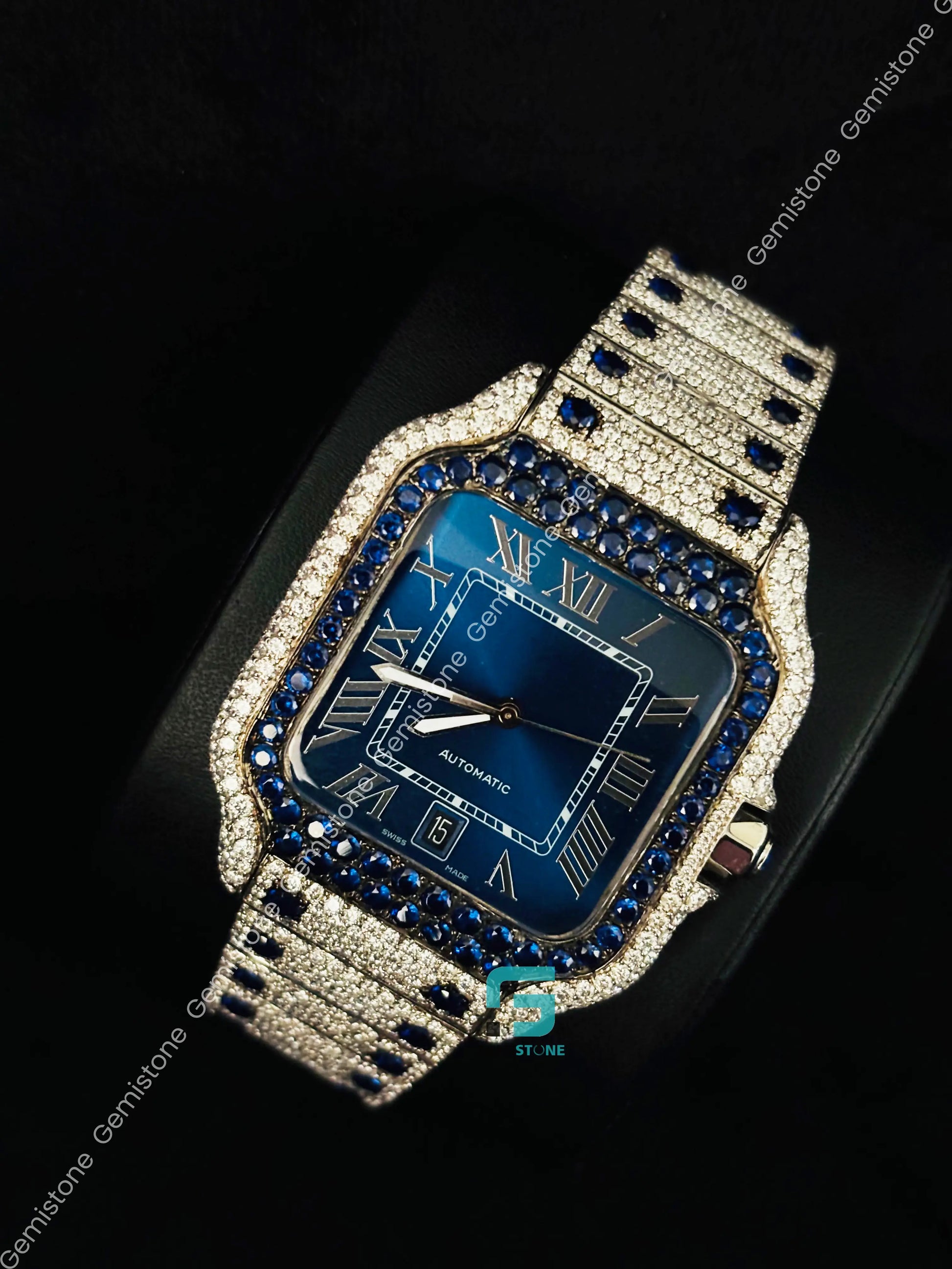 Cartier Blue Dial Moissanite Blue Diamond Roman Number Watch