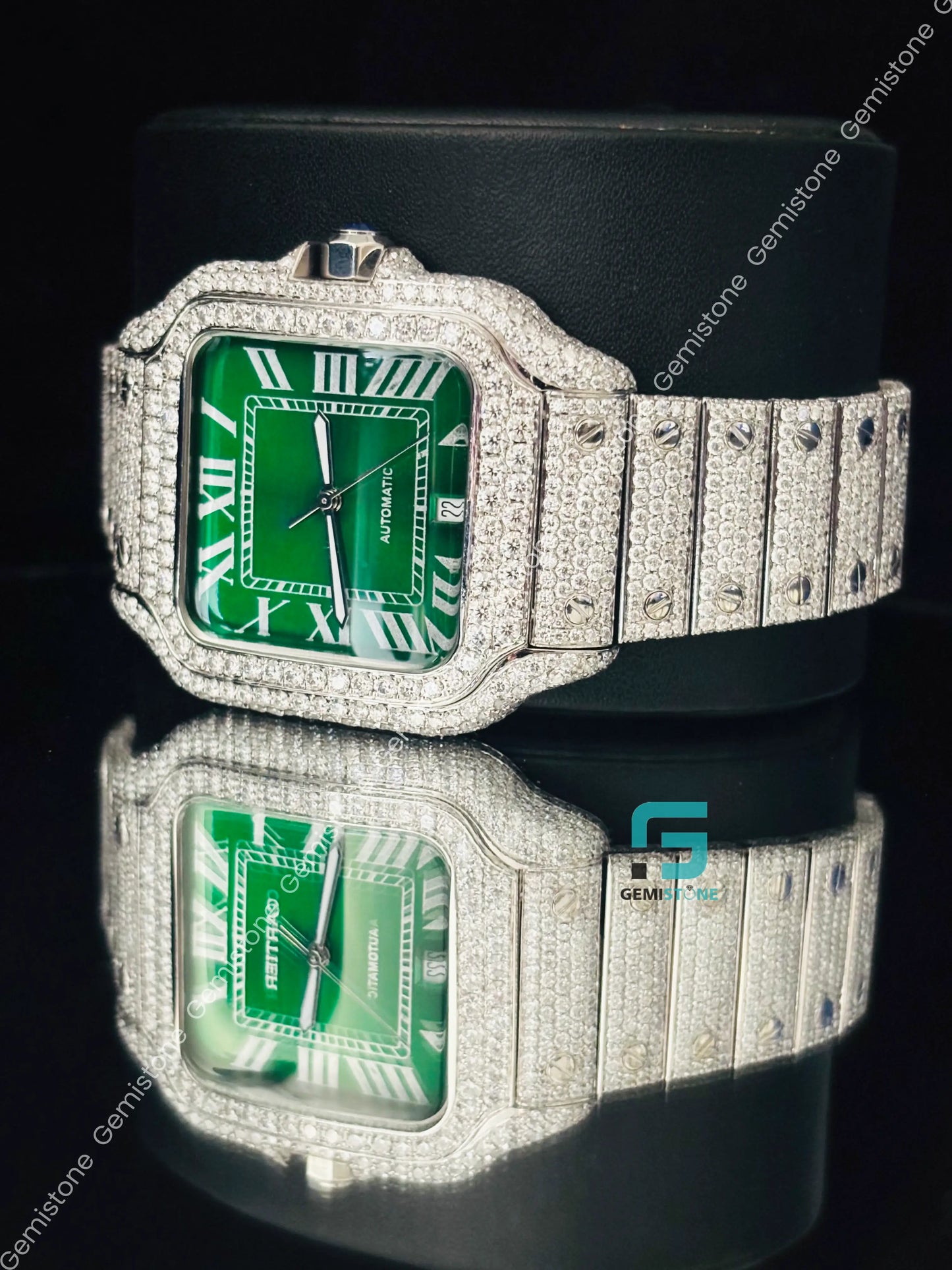 Cartier Green Dial Moissanite Iced Out Studded Watch