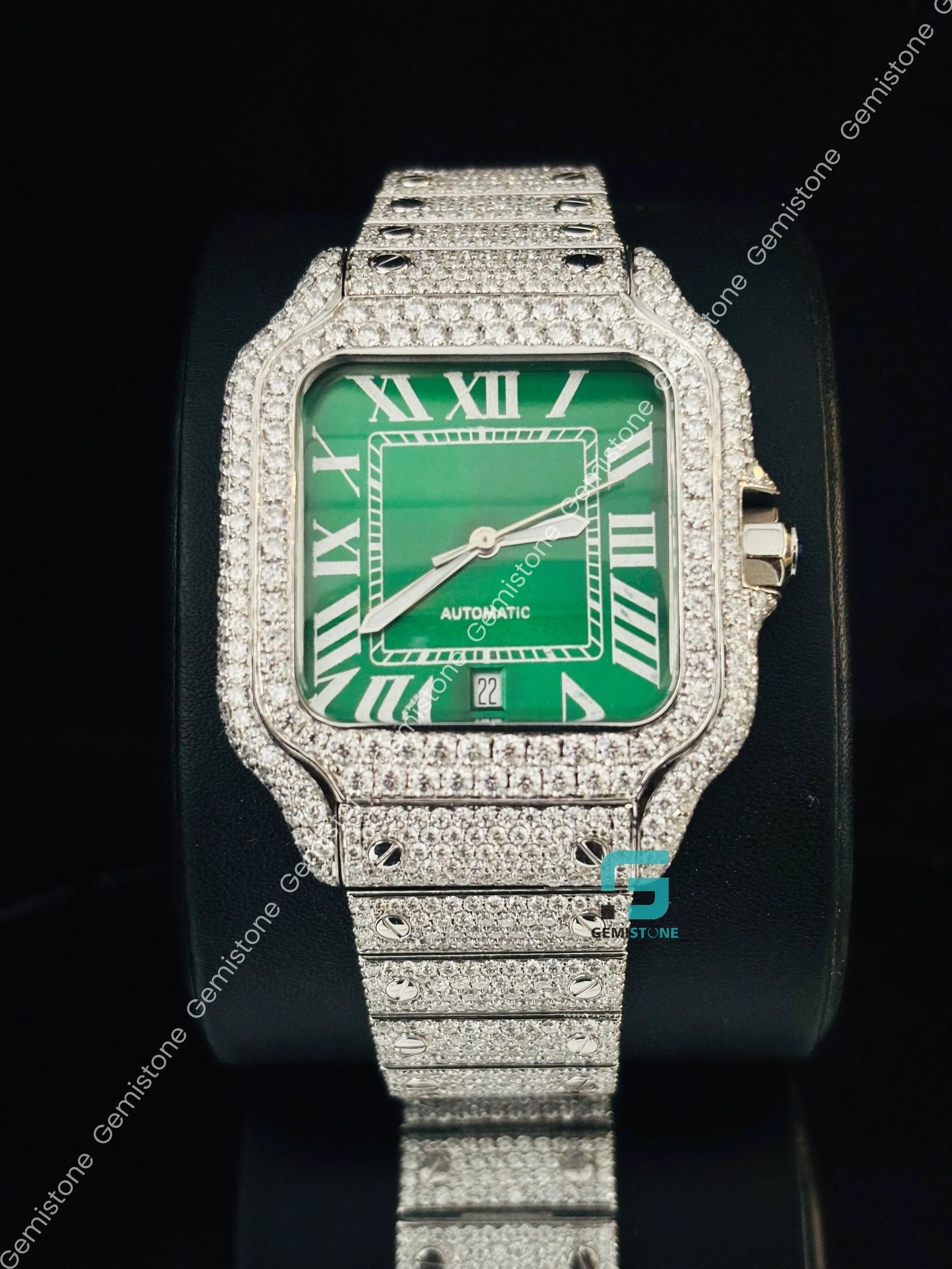 Cartier Green Dial Moissanite Roman Number Studded Watch 