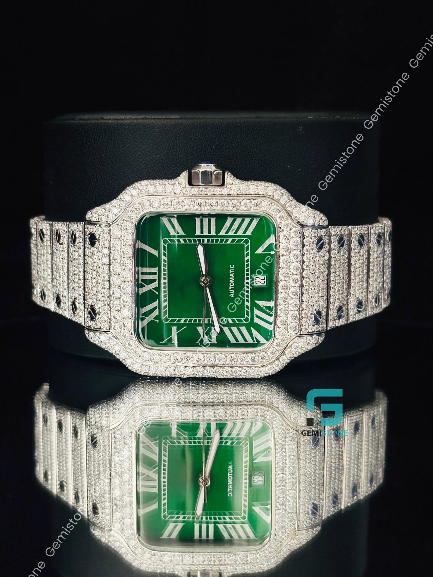 Cartier Green Dial Moissanite Roman Number Studded Watch For Men