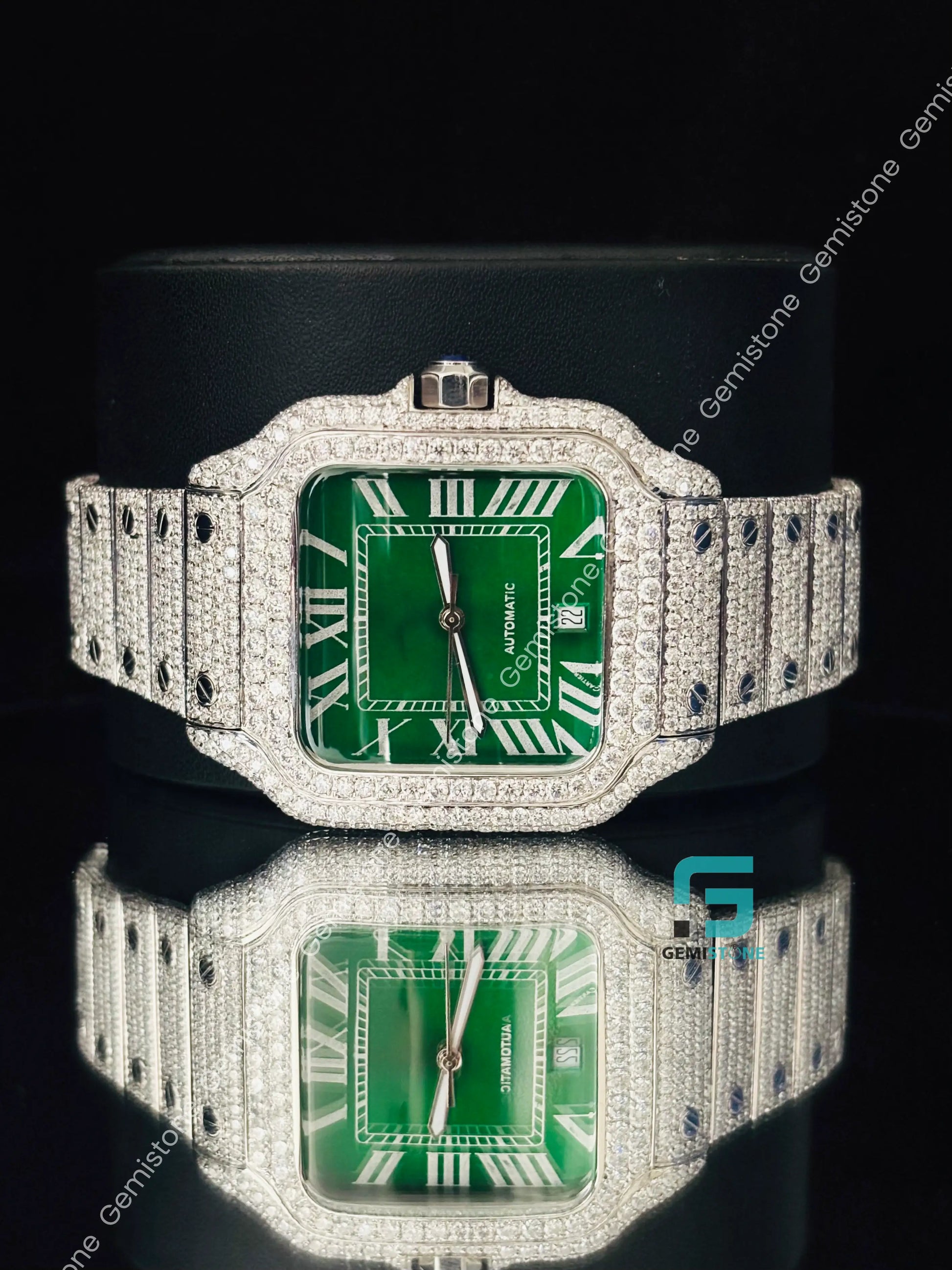 Cartier Green Dial Moissanite Roman Number Studded Watch For Men