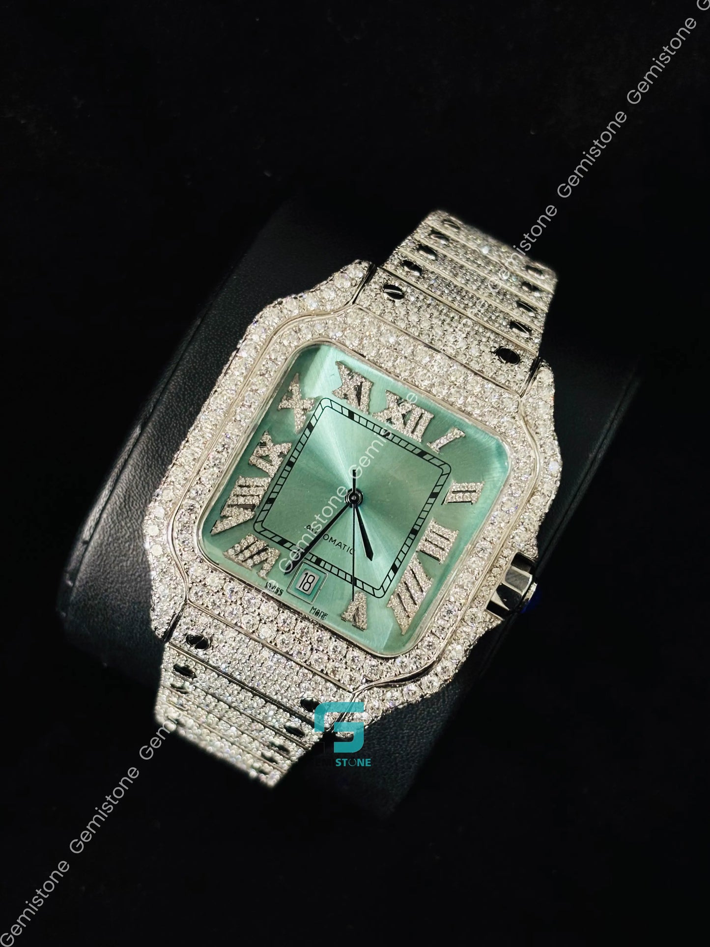 Cartier Green Dial Moissanite Studded Iced Out Watch For Men