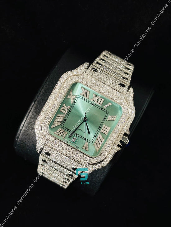 Cartier Green Dial Moissanite Studded Iced Out Watch For Men