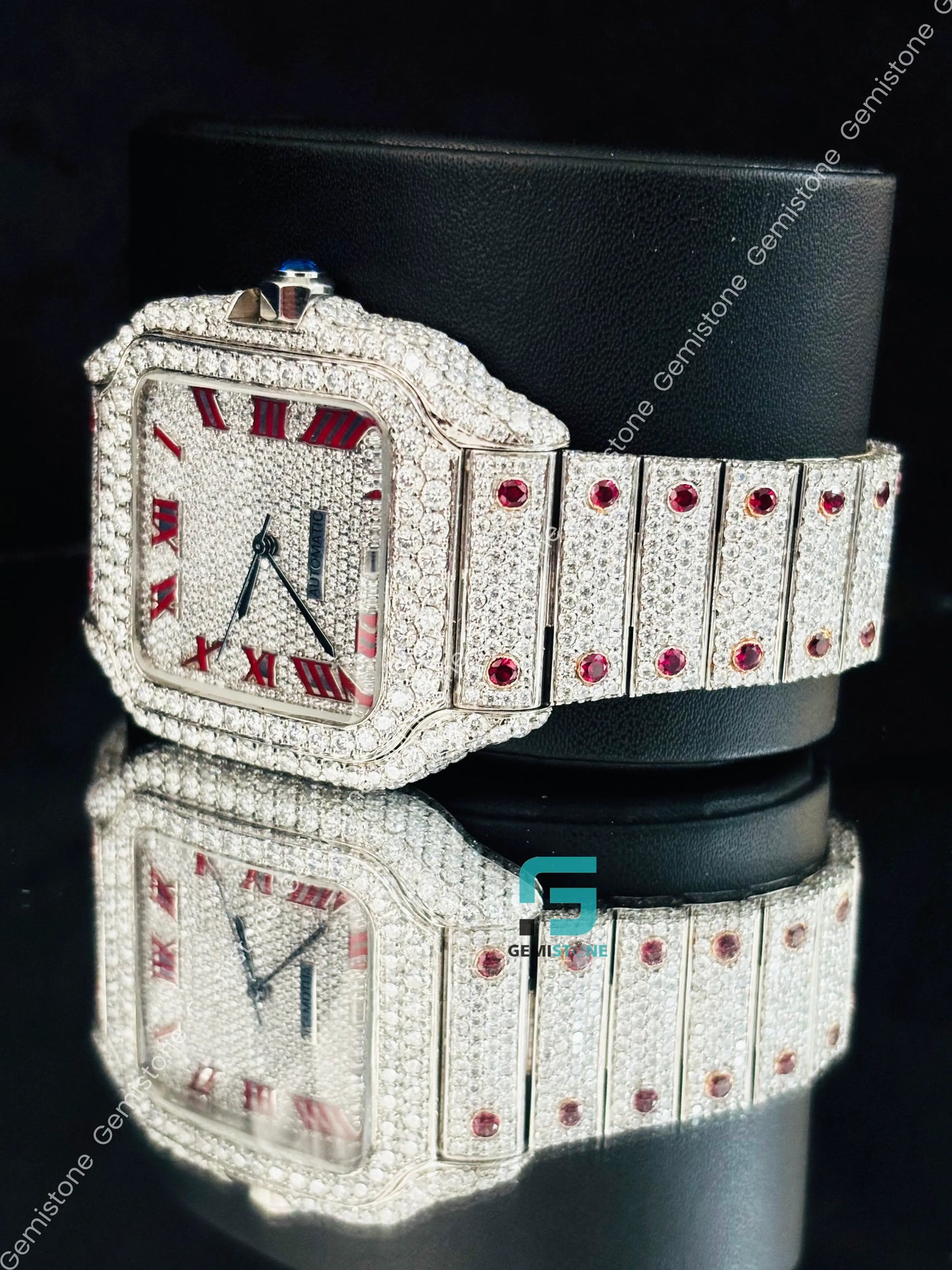 Cartier Hip Hop Moissanite Red Roman Number Iced Out Moissanite Watch