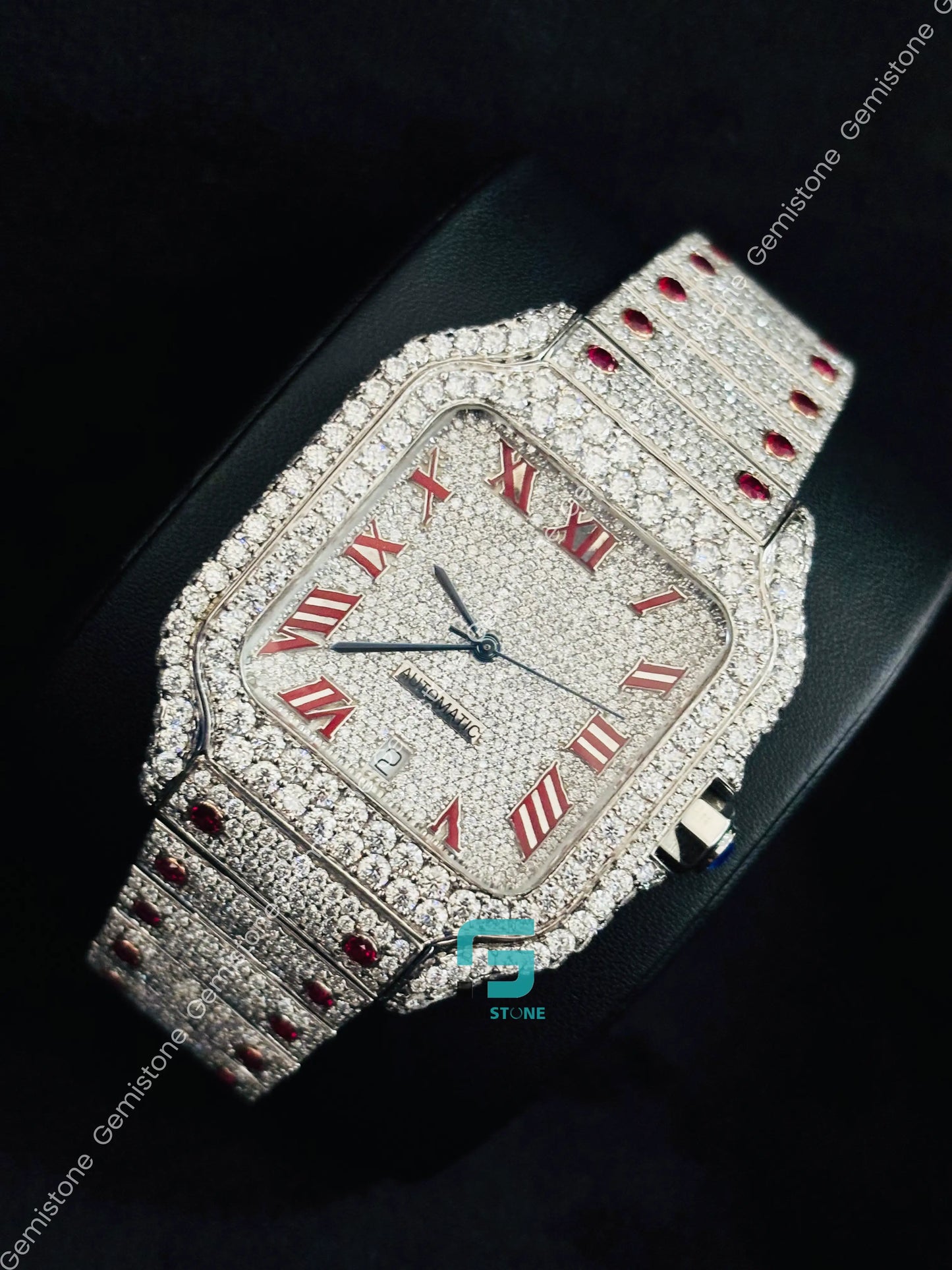Cartier Hip Hop Moissanite Red Roman Number Iced Out Moissanite Watch For Men