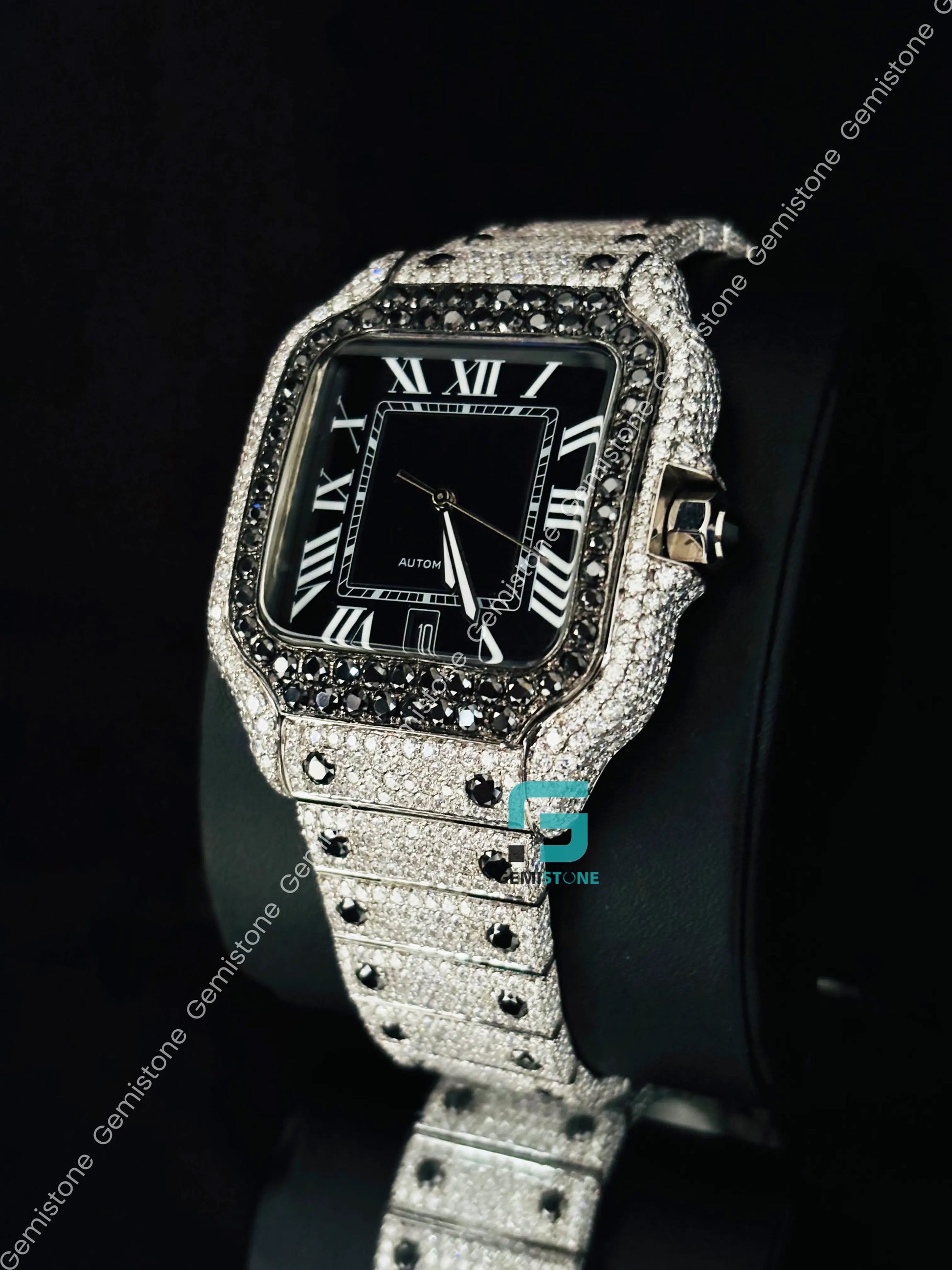 Cartier Moissanite Black Diamond Studded Watch 