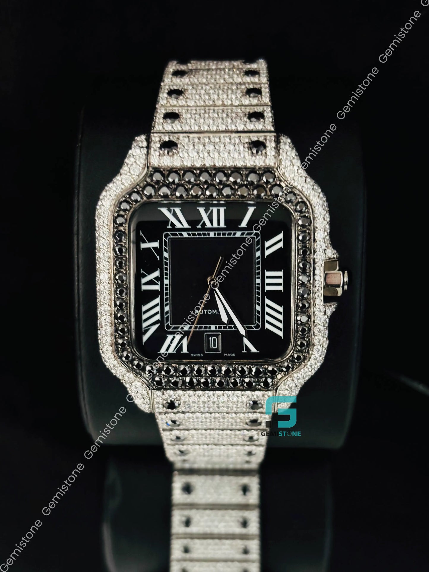 Cartier Moissanite Black Diamond Studded Watch For Men