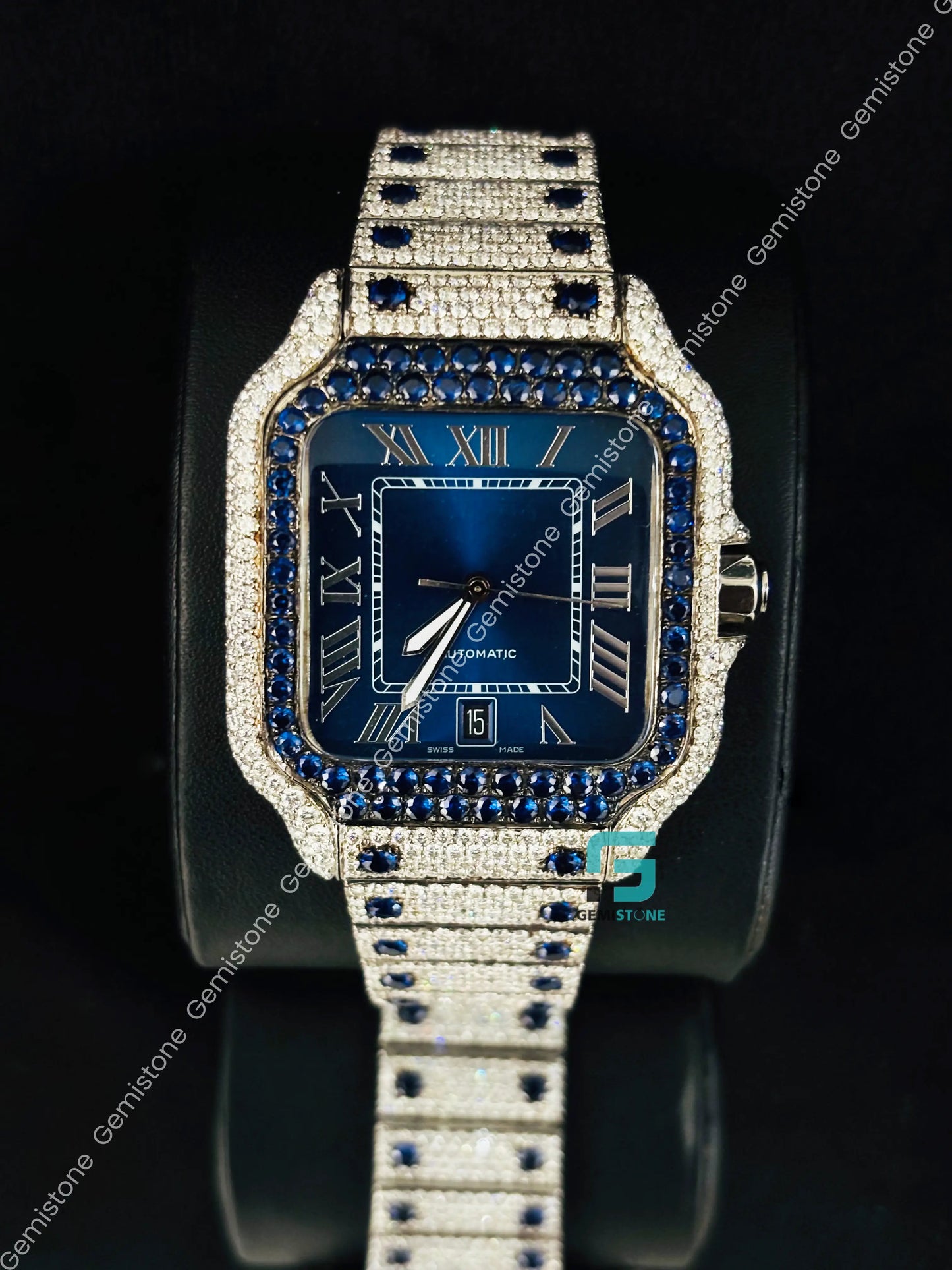 Cartier Moissanite Blue Diamond Iced Out Watch