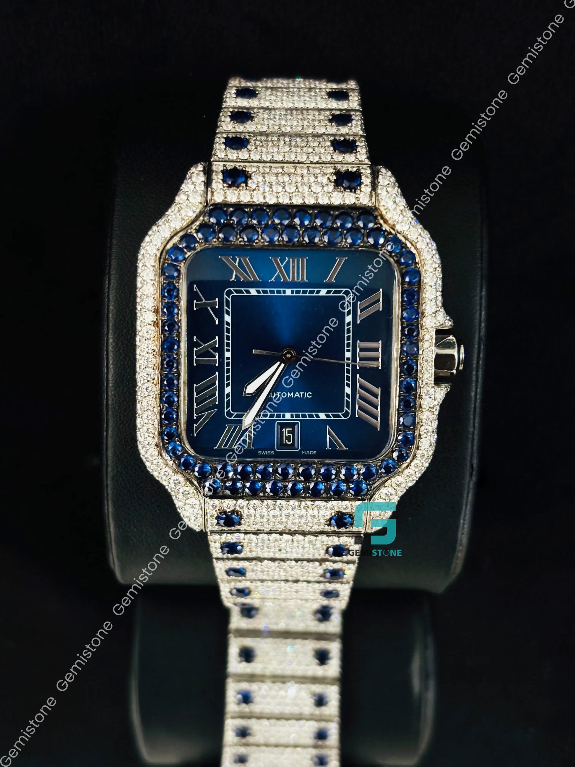 Cartier Moissanite Blue Diamond Iced Out Watch
