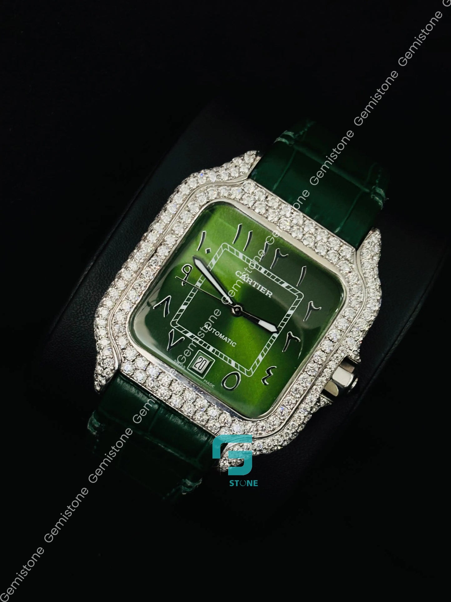 Cartier Moissanite Iced Out Green Dial Hip Hop Watch for Men