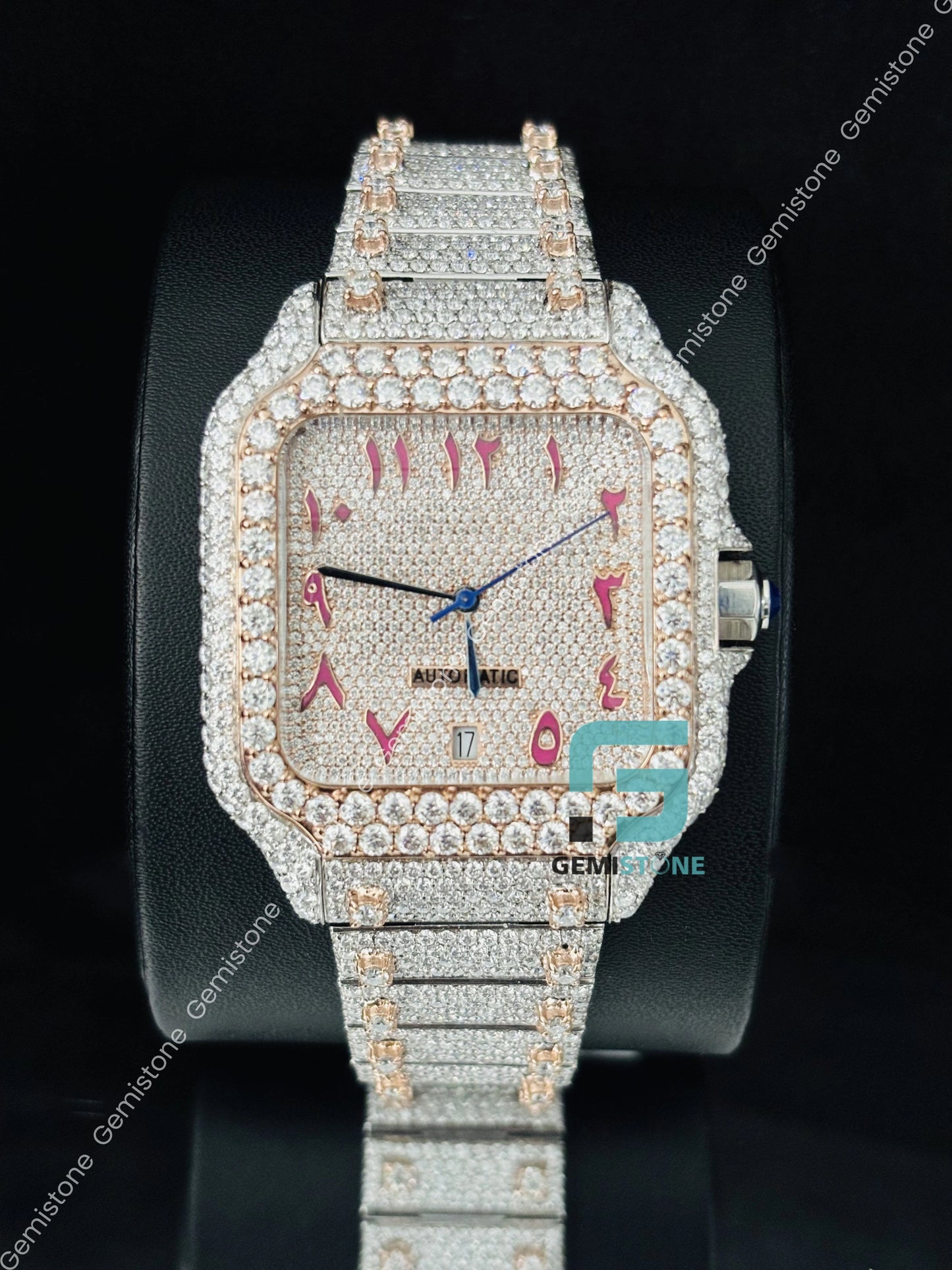 Cartier Moissanite Pink Arabic Number Iced Out Watch