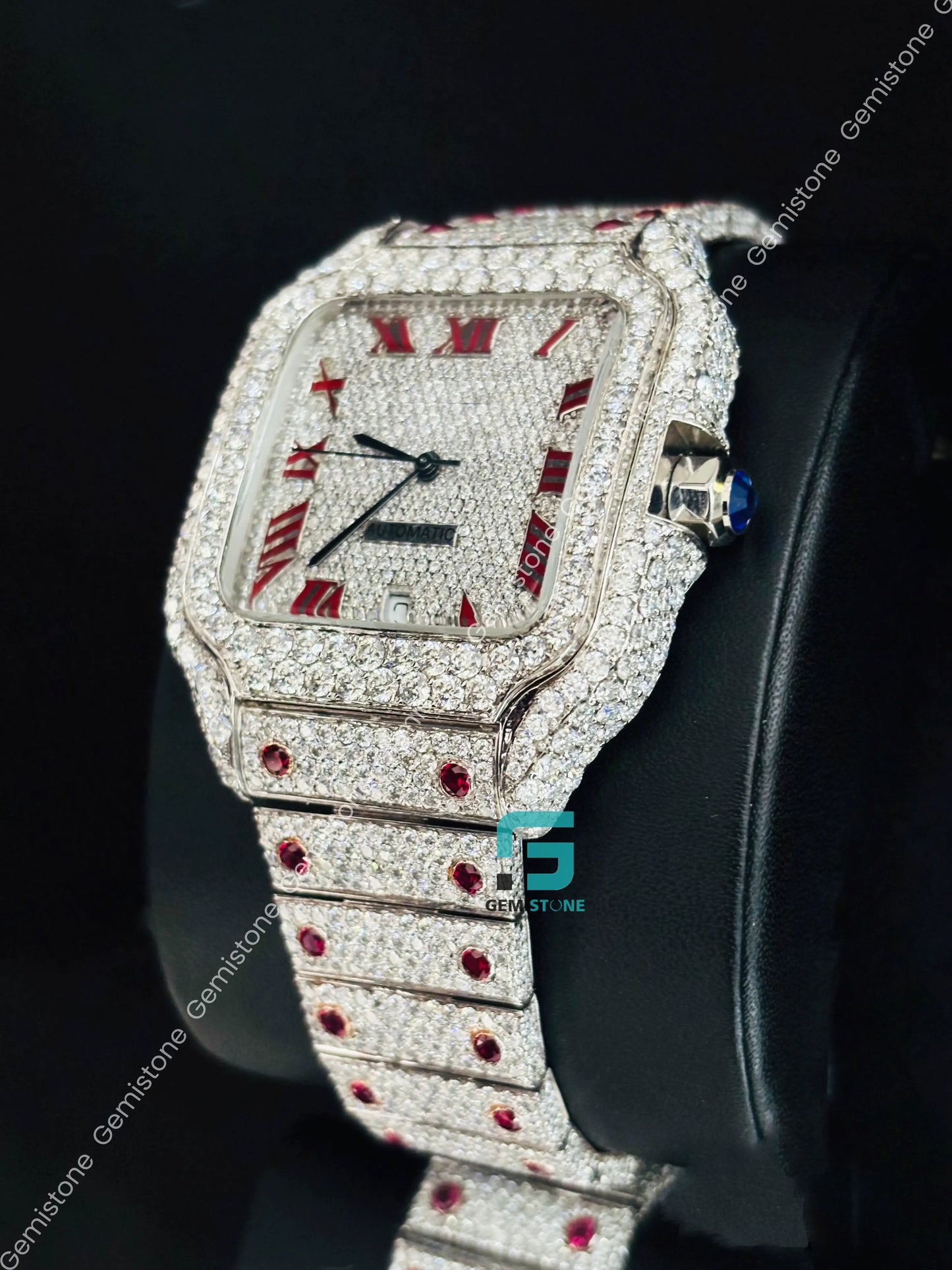 Cartier Moissanite Red Roman Number Iced Out Moissanite Watch