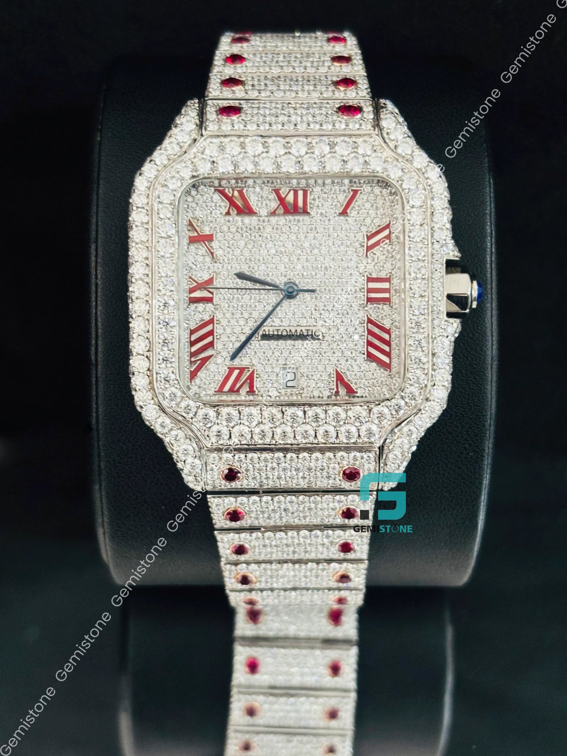 Cartier Moissanite Red Roman Number Iced Out Moissanite Watch For Men
