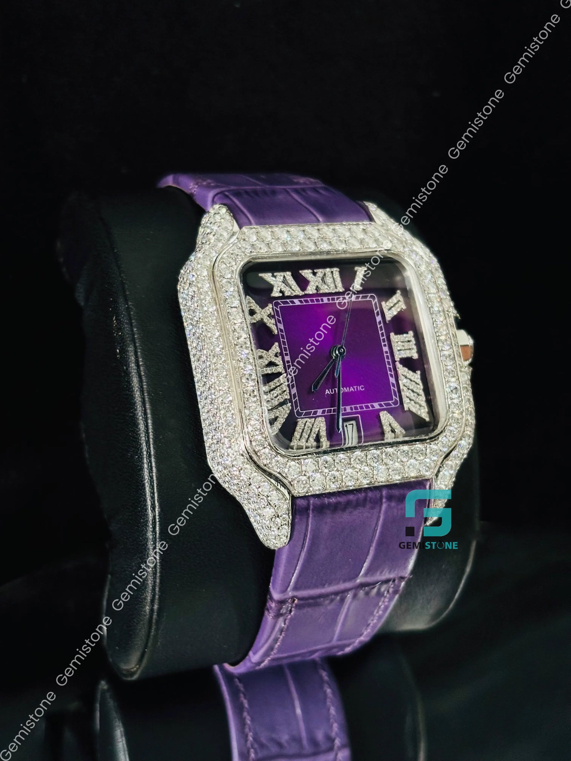 Cartier Moissanite Stuuded Roman Number Purpal Dial Watch