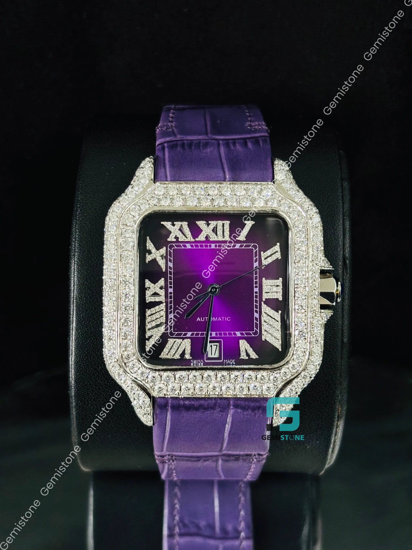 Cartier Moissanite Stuuded Roman Number Purpal Dial Watch For Men