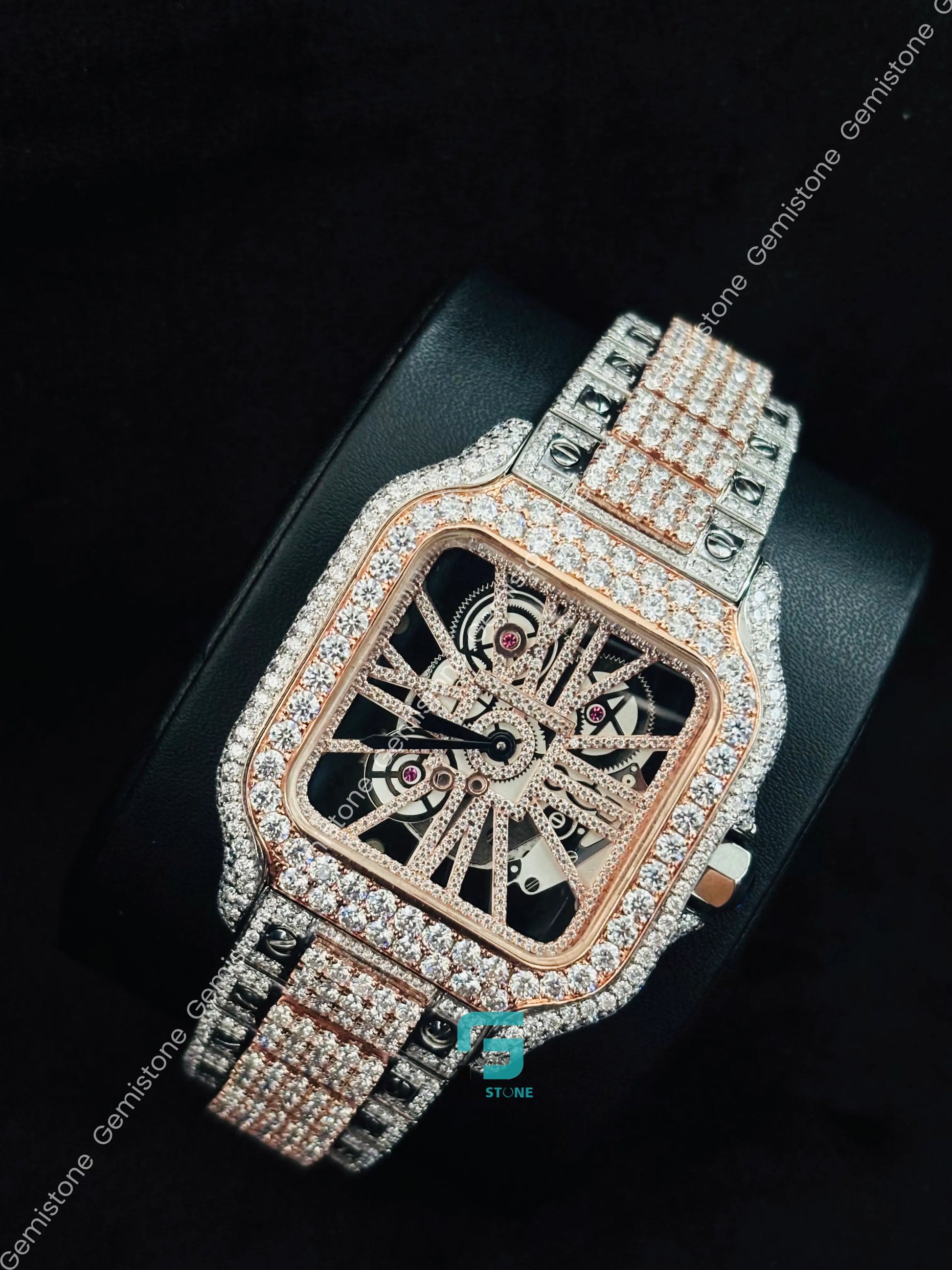 Cartier Skeleton Dial Rose Gold Palted Studded Moissanite Watch