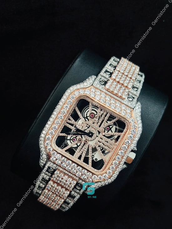 Cartier Skeleton Dial Rose Gold Palted Studded Moissanite Watch