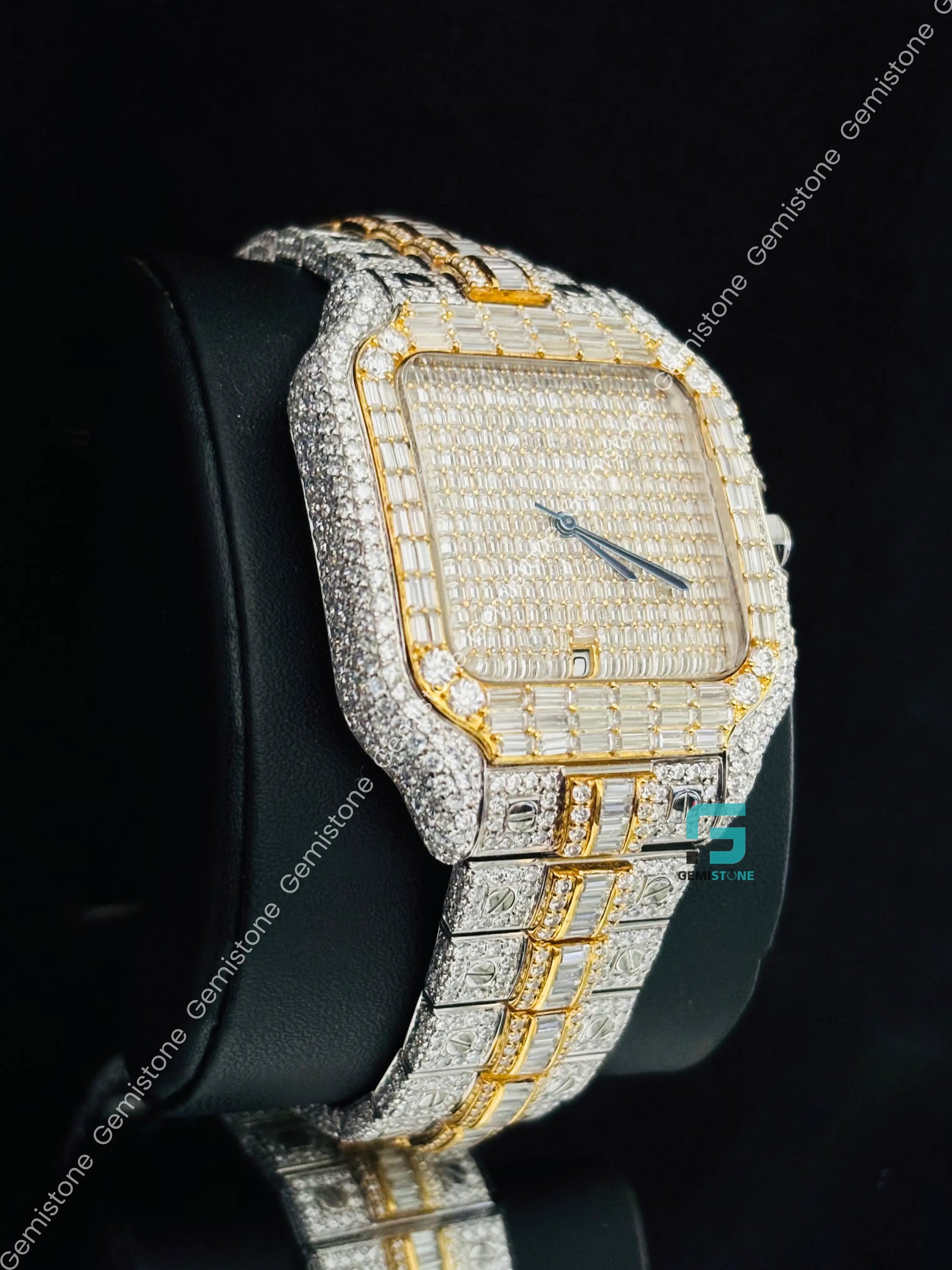 Cartier Yellow Gold Palted Fully Baguette Moissanite Watch