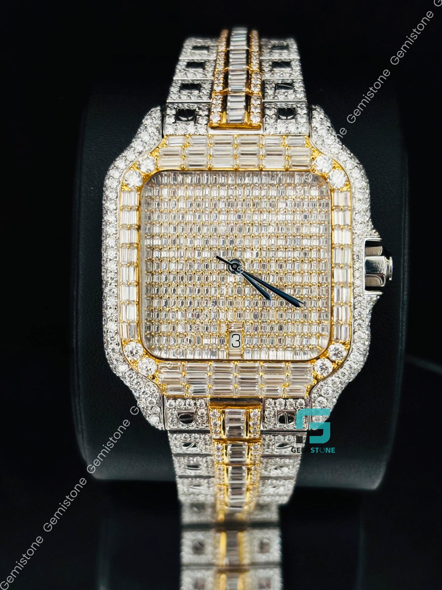 Cartier Yellow Gold Palted Fully Baguette Moissanite Watch For Men