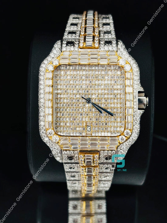 Cartier Yellow Gold Palted Fully Baguette Moissanite Watch For Men