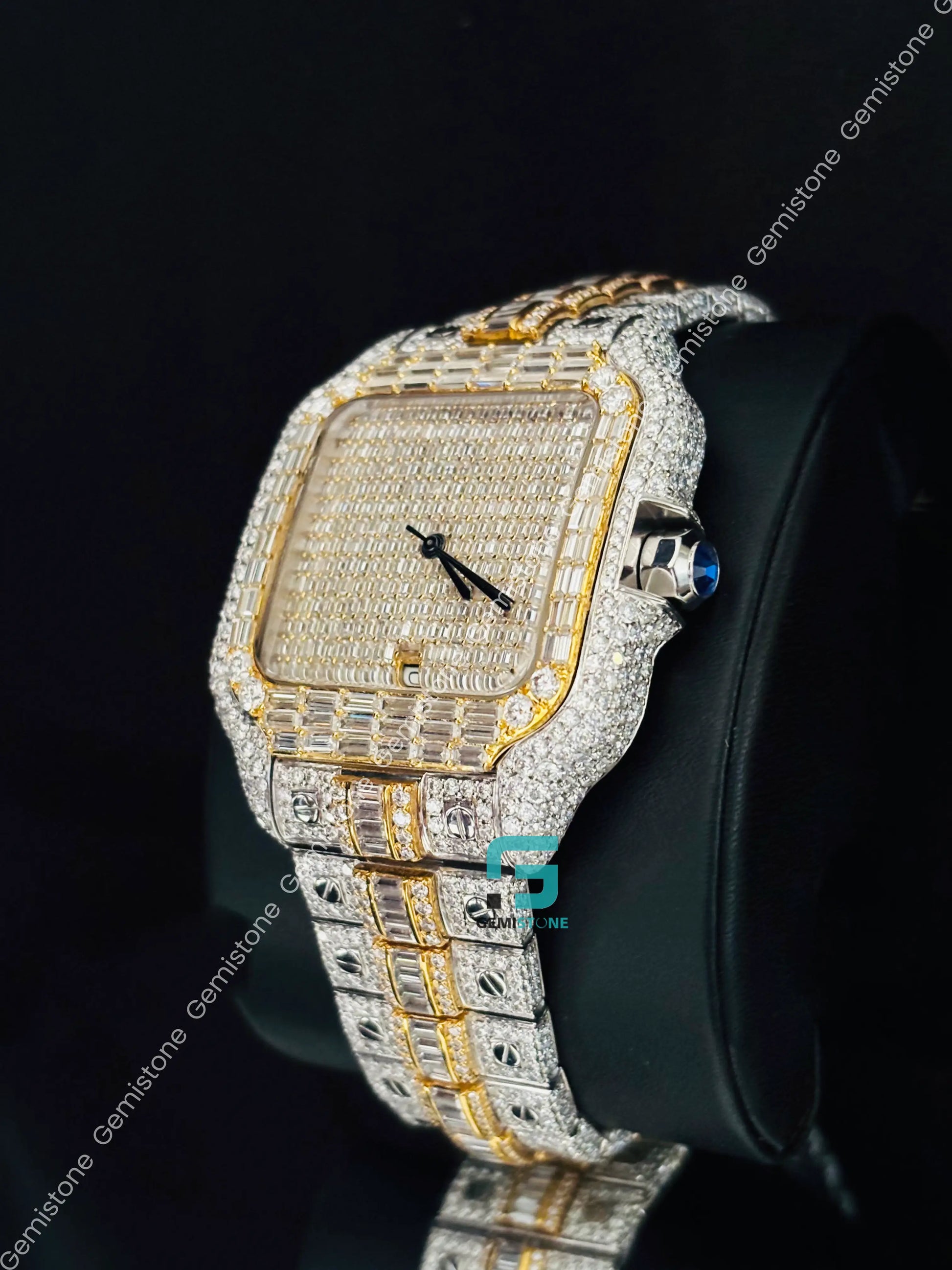 Cartier Yellow Gold Palted Fully Studded Baguette Moissanite Watch