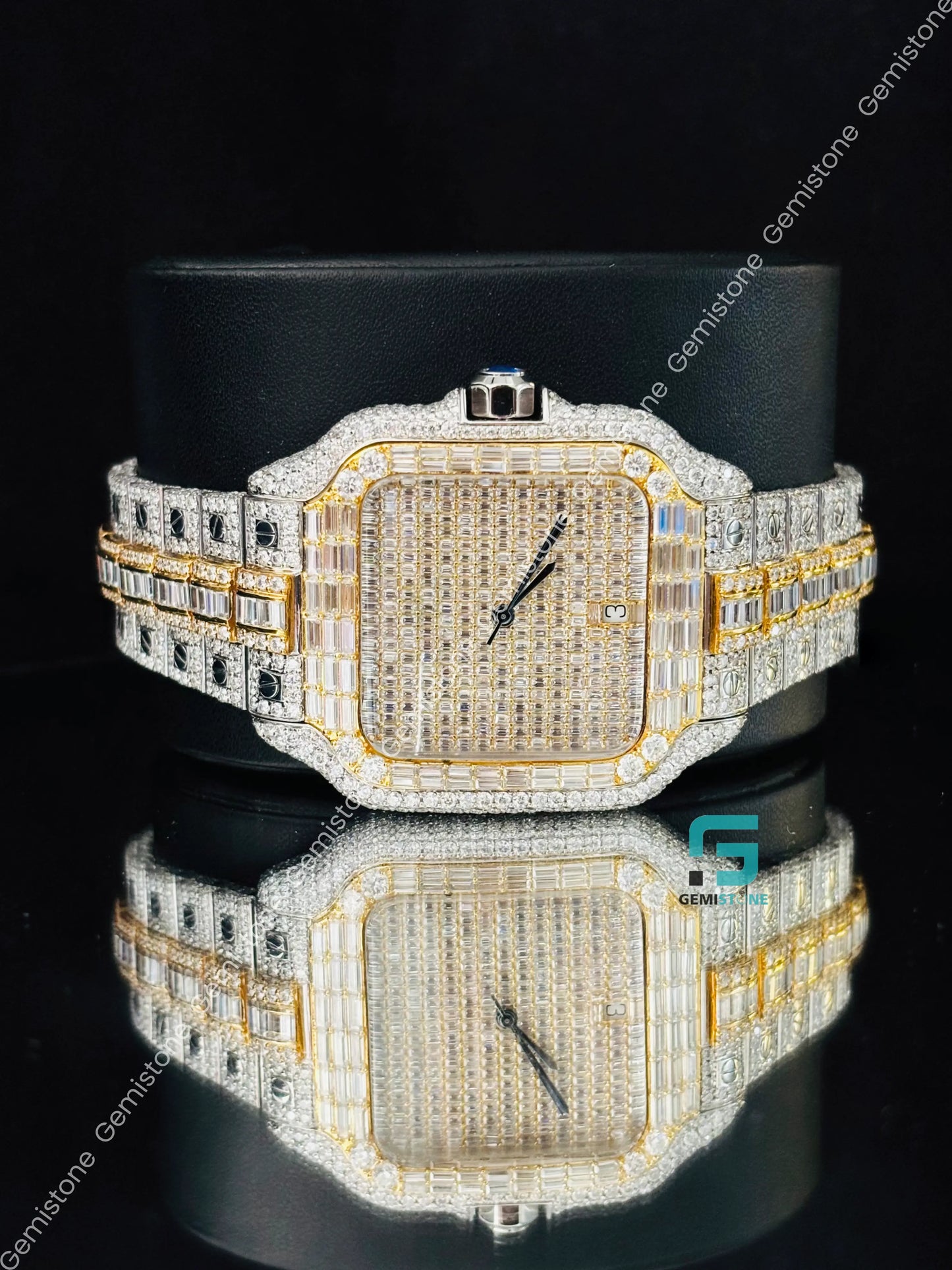 Cartier Yellow Gold Palted Fully Studded Baguette Moissanite Watch For Men