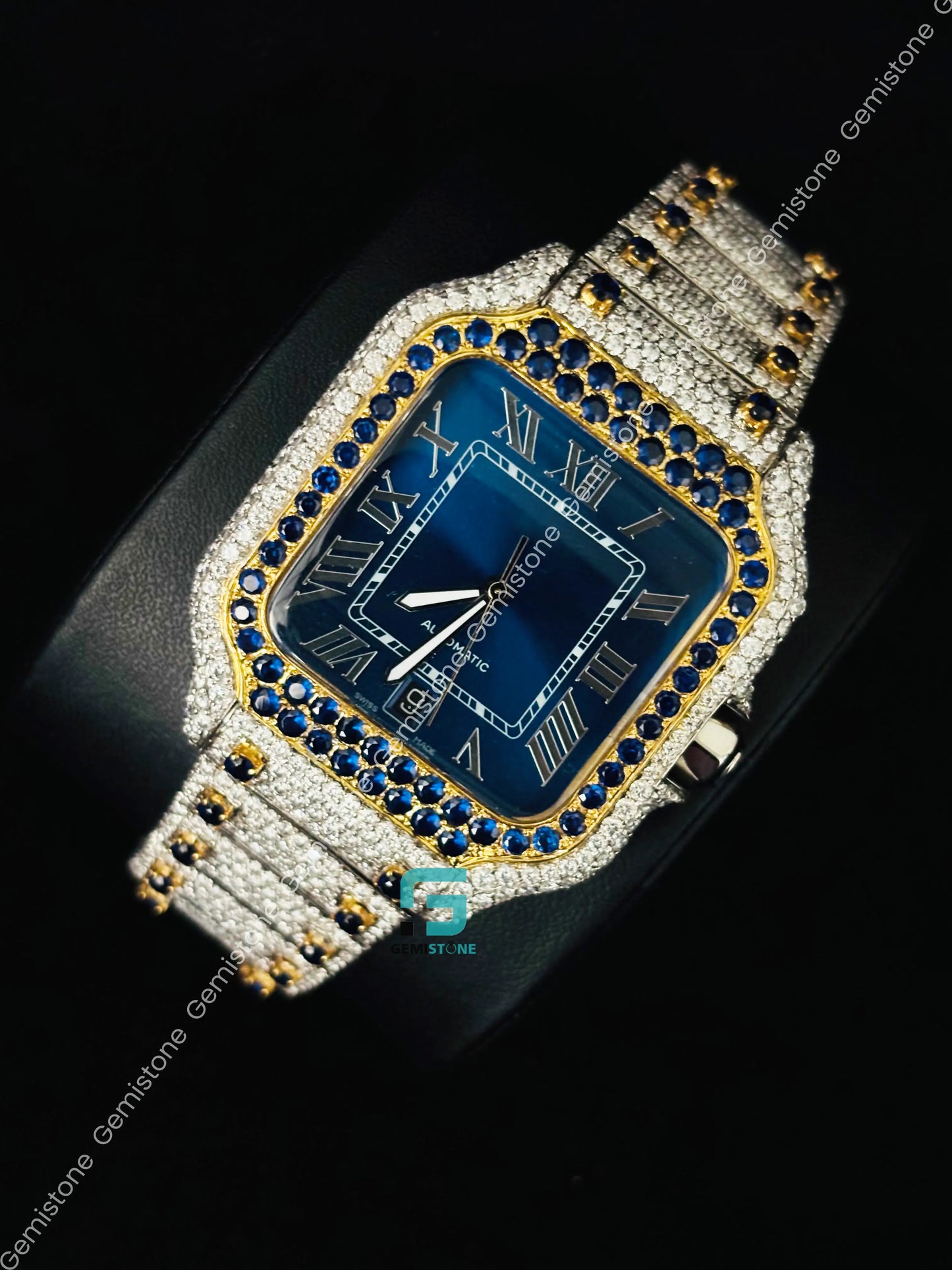 Cartier Yellow Gold Palted Moissanite Blue Dial Roman Number Watch