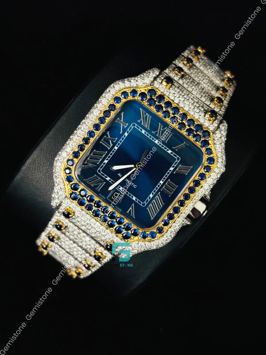 Cartier Yellow Gold Palted Moissanite Blue Dial Roman Number Watch