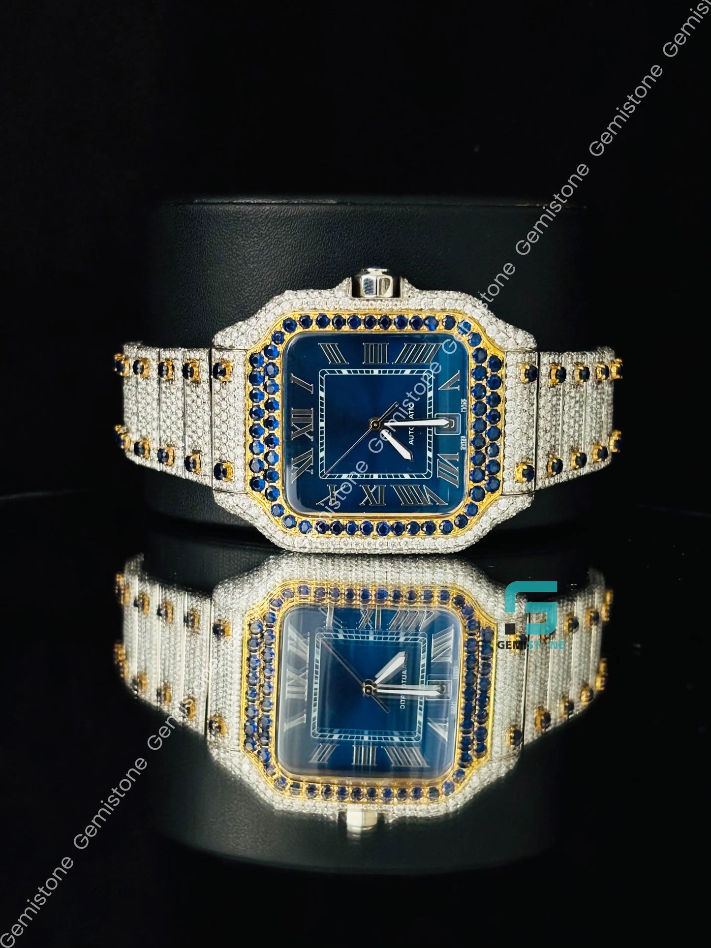 Cartier Yellow Gold Palted Moissanite Iced Out Roman Number Watch