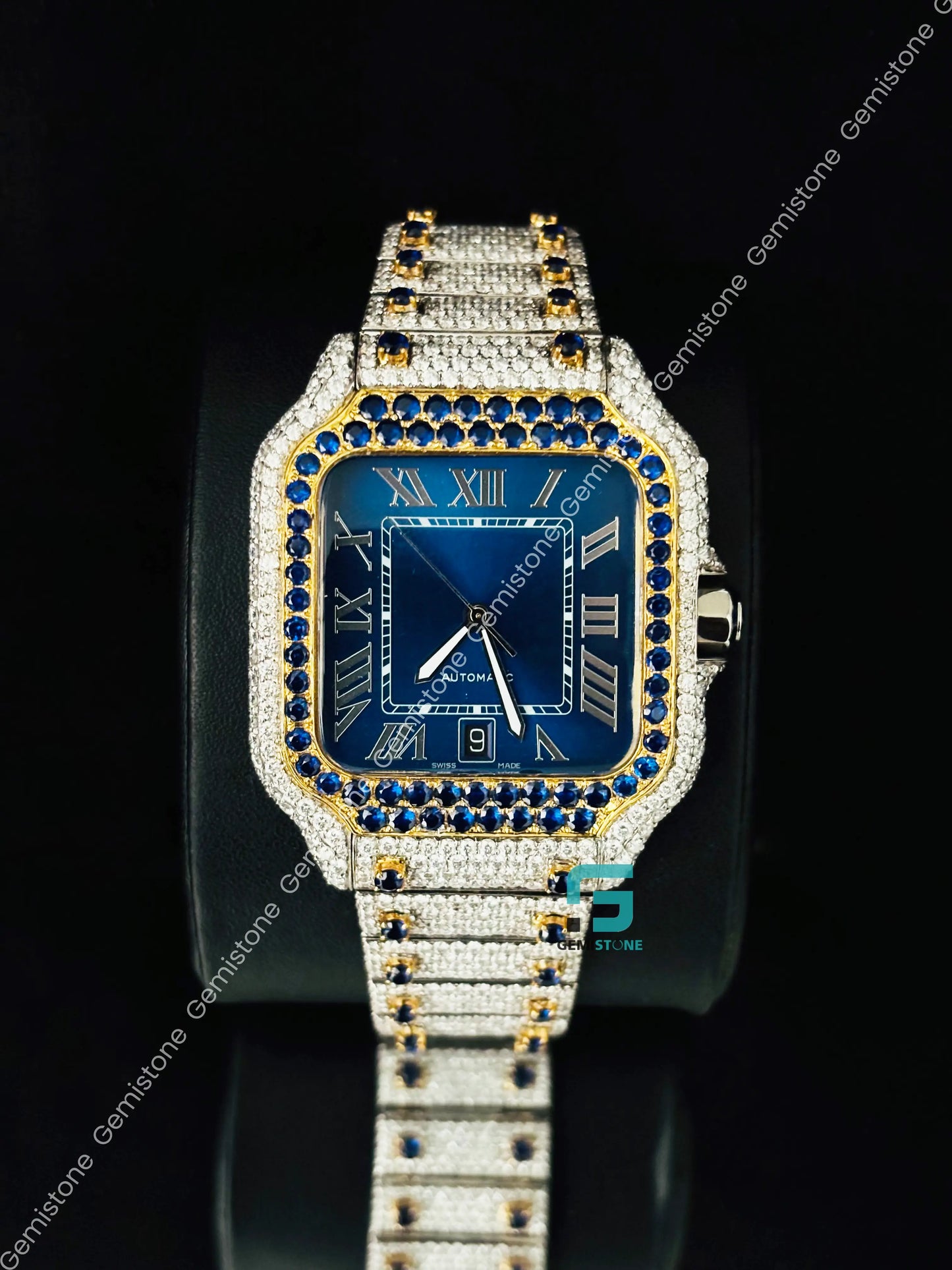 Cartier Yellow Gold Palted Moissanite Roman Number Watch for Men