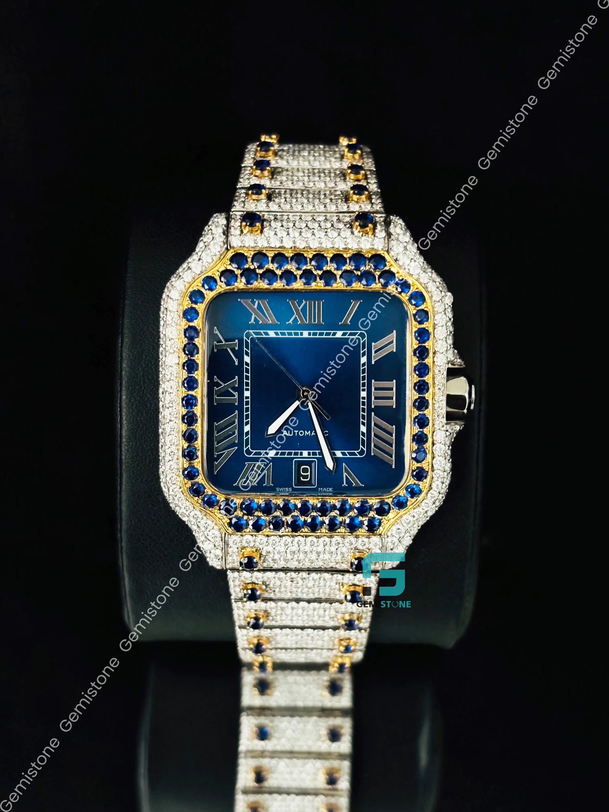Cartier Yellow Gold Palted Moissanite Roman Number Watch for Men